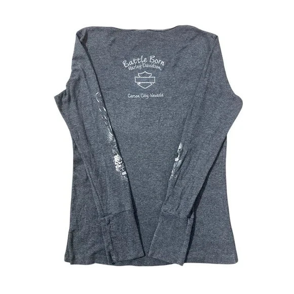 Harley Davidson Skull Wing Long Sleeve Top Womens Y2K Grunge Biker - Picture 8 of 9